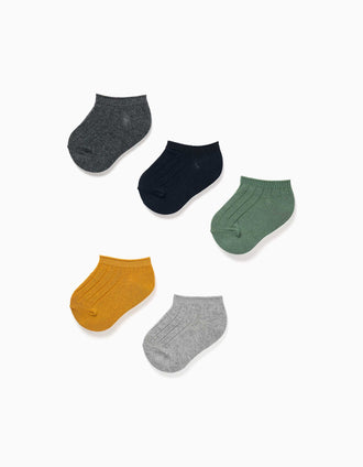 5 pairs of ribbed ankle socks for baby boys, grey/blue/green/yellow