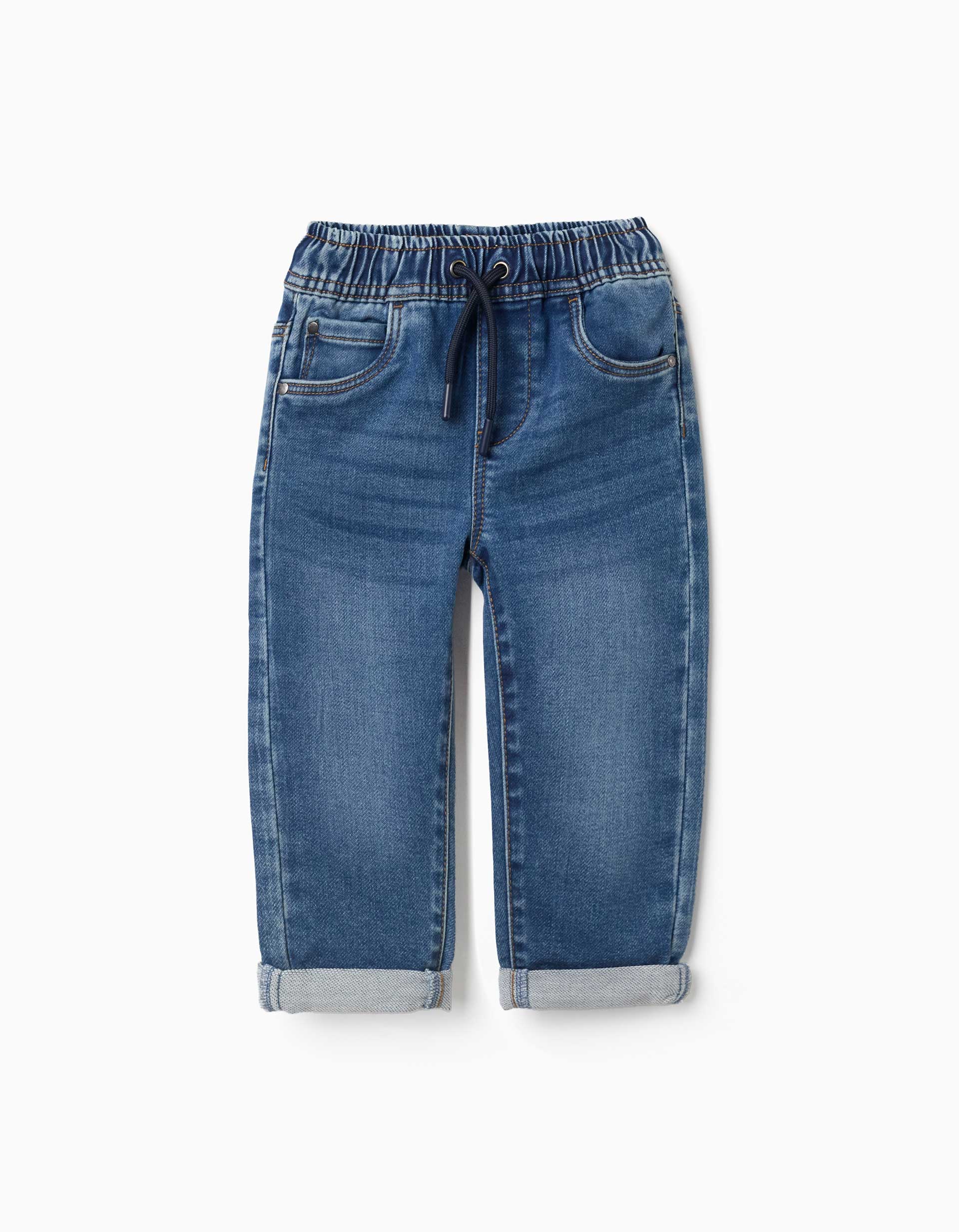 Calças de ganga pull-on com cordão para bebé menino, azul