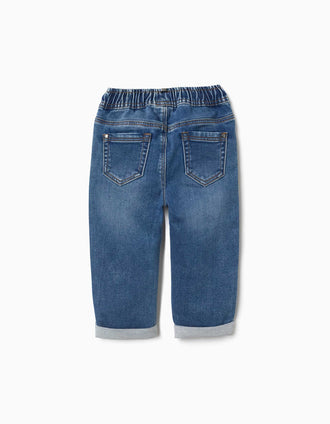 Calças de ganga pull-on com cordão para bebé menino, azul