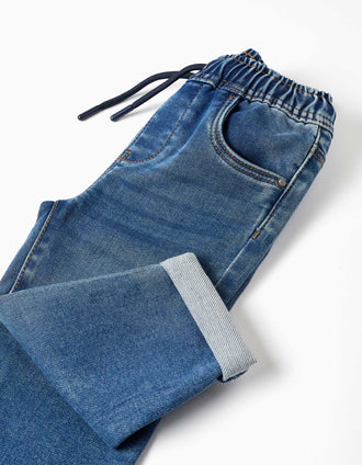 Calças de ganga pull-on com cordão para bebé menino, azul