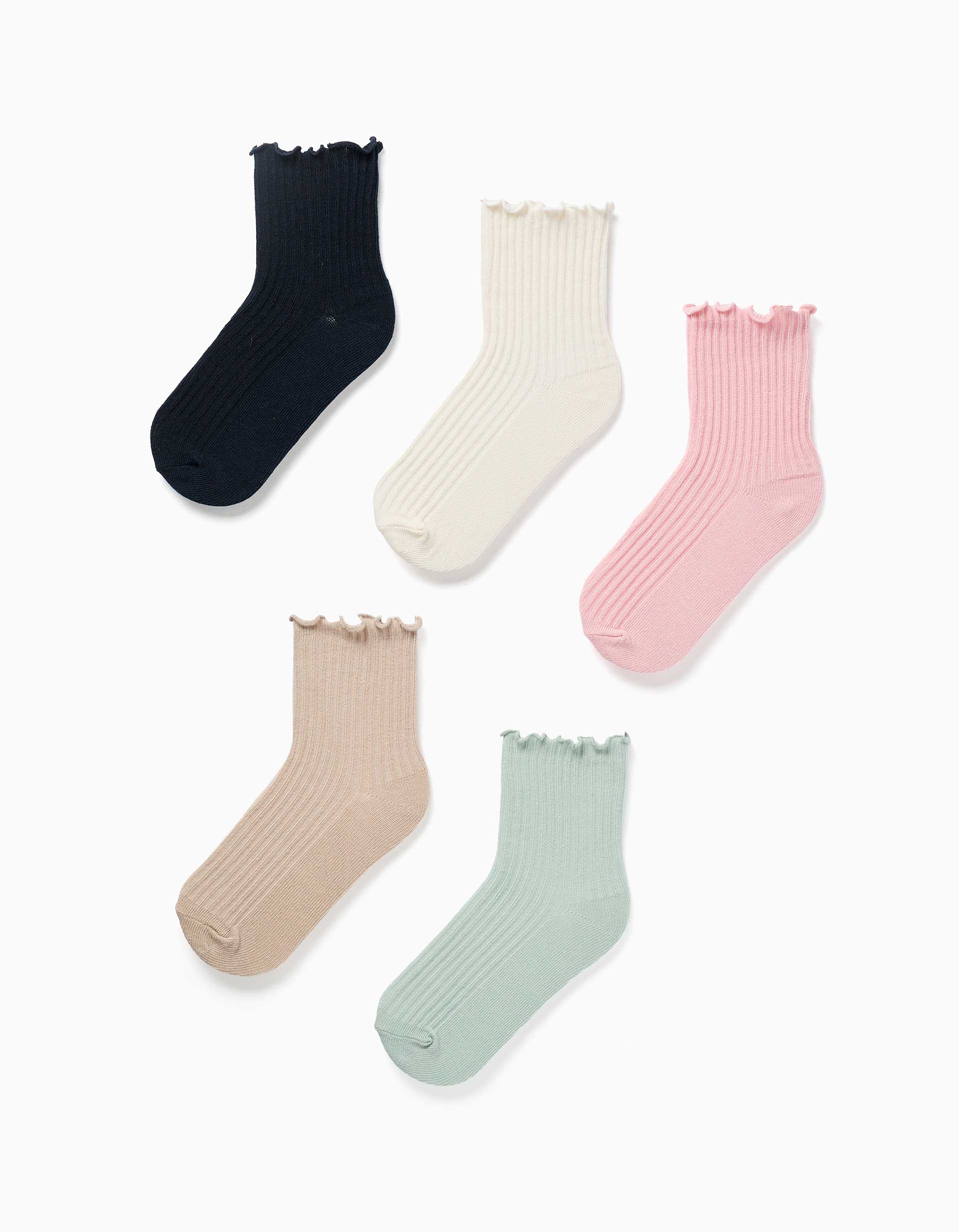 5 paires de chaussettes côtelées à tige ondulée pour fille, multicolore
