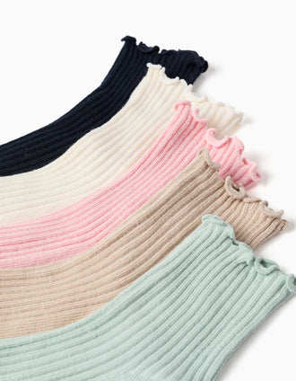 5 paires de chaussettes côtelées à tige ondulée pour fille, multicolore