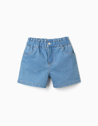 Pantalón corto vaquero con cintura paperbag para niña, azul claro