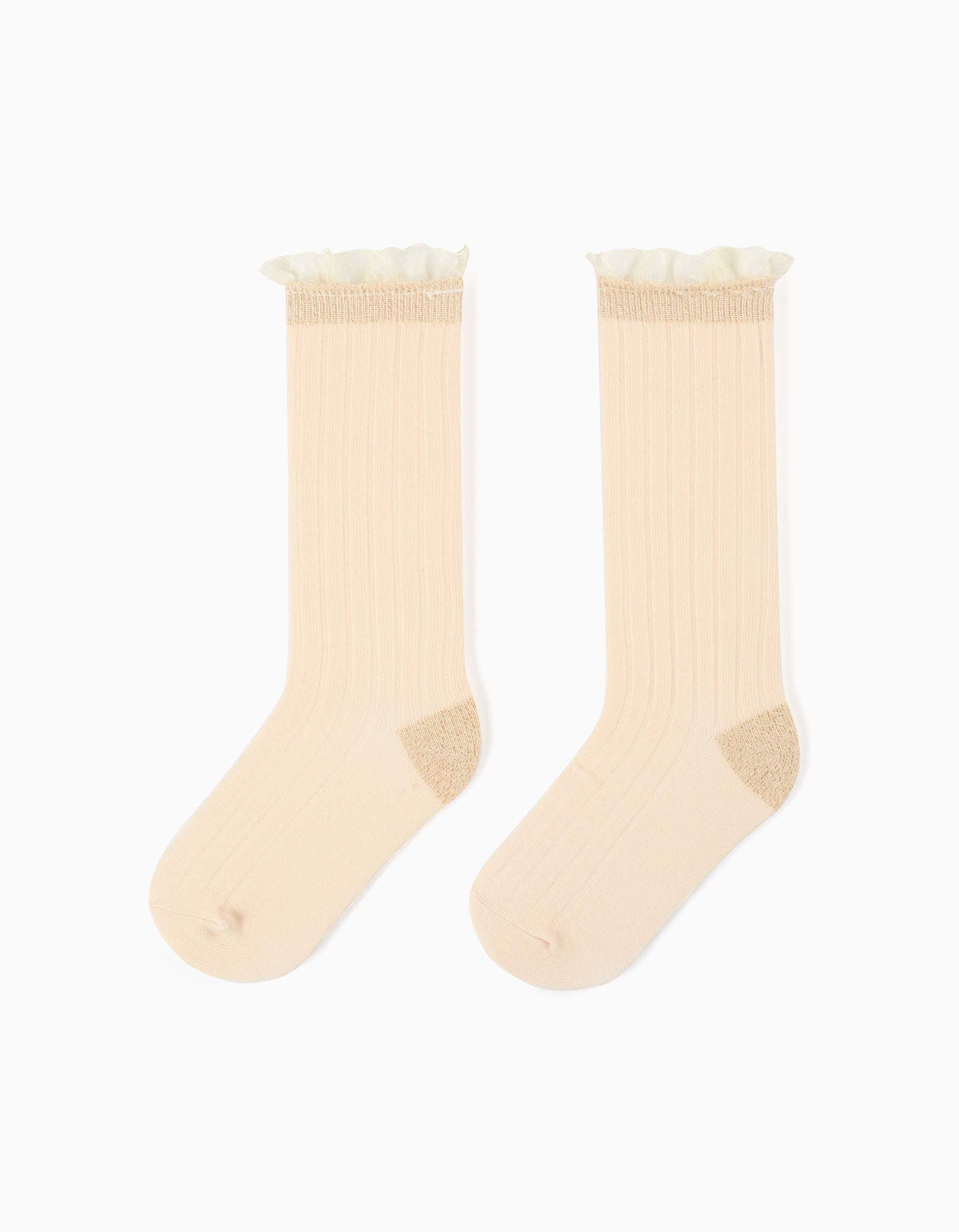 Ribbed knee-high socks with lurex and ruffles for girls, light beige