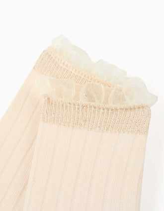 Ribbed knee-high socks with lurex and ruffles for girls, light beige