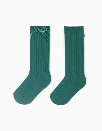 Chaussettes hautes côtelées à nœud en velours pour fille, vert foncé