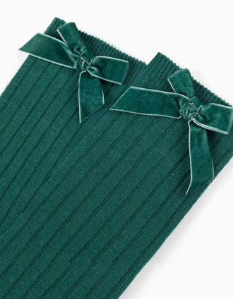 Chaussettes hautes côtelées à nœud en velours pour fille, vert foncé