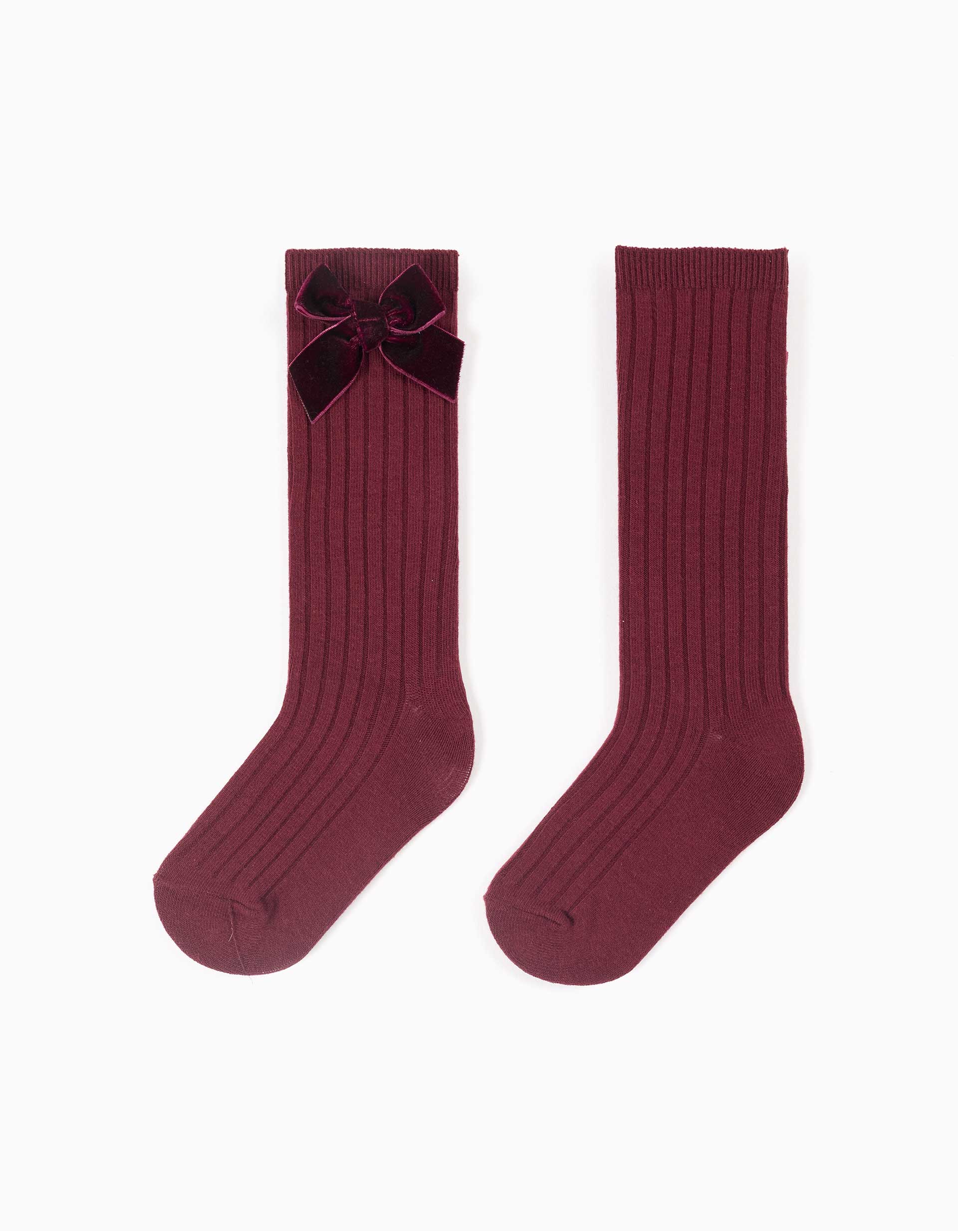 Chaussettes hautes côtelées à nœud en velours pour fille, bordeaux