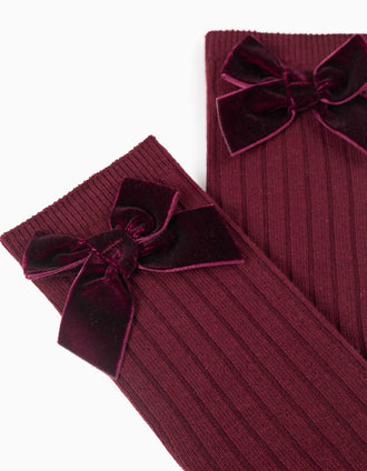 Chaussettes hautes côtelées à nœud en velours pour fille, bordeaux