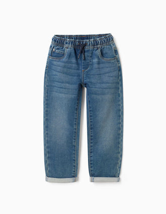 Pantalón jogger vaquero con cordón y 5 bolsillos para niño, azul