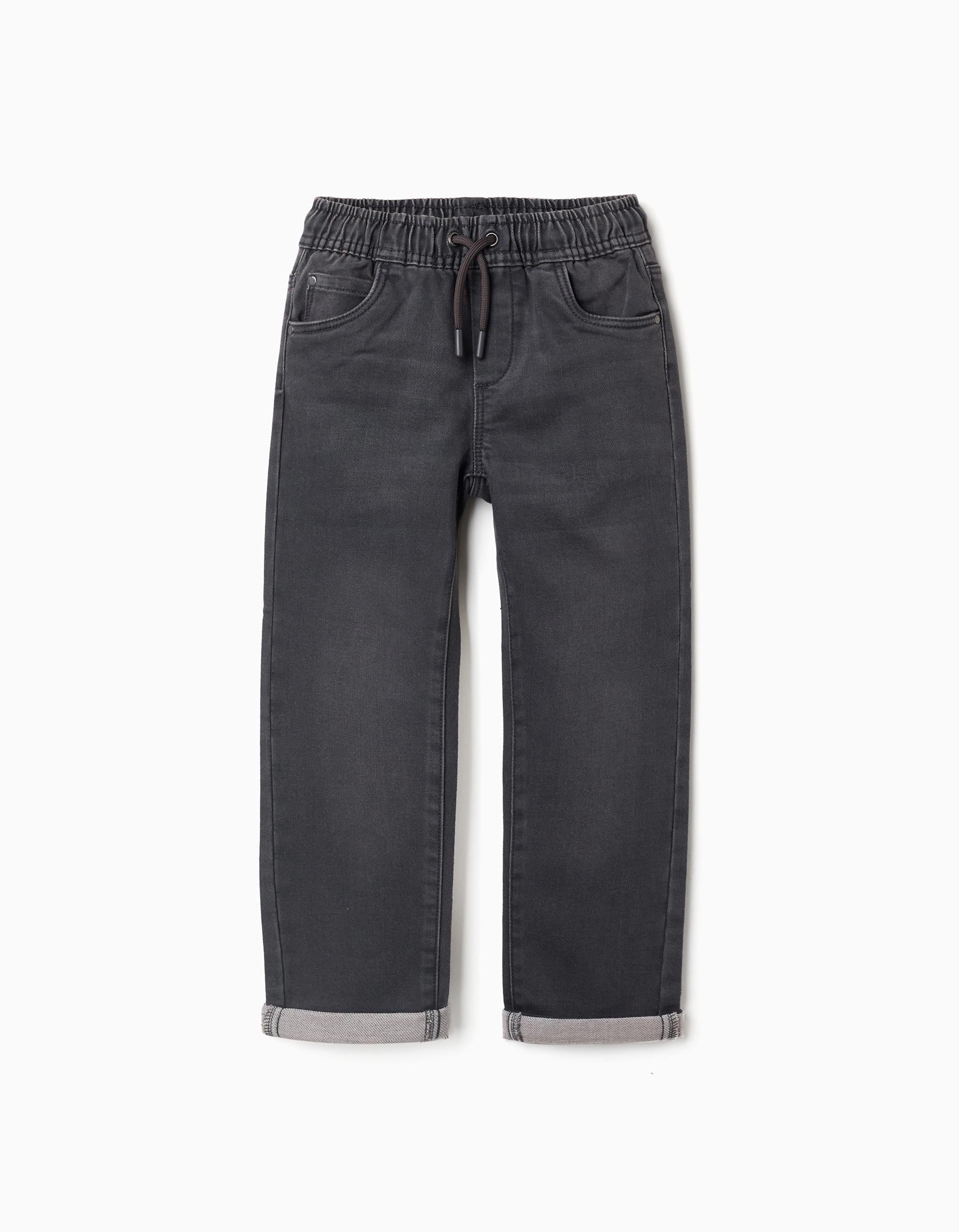 Calças de ganga jogger com cordão e 5 bolsos para menino, cinza-escuro