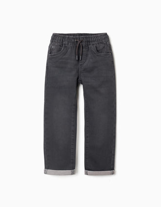 Calças de ganga jogger com cordão e 5 bolsos para menino, cinza-escuro