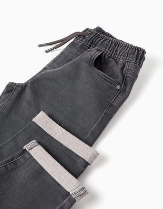Calças de ganga jogger com cordão e 5 bolsos para menino, cinza-escuro
