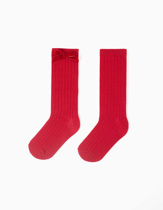 Ribbed knee-high socks with velvet bow for girls, red