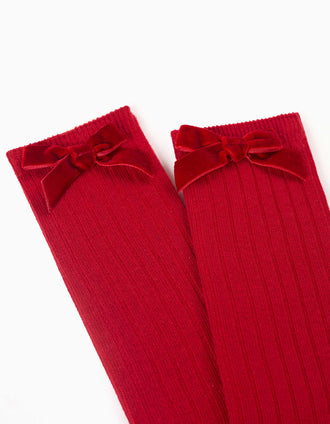Ribbed knee-high socks with velvet bow for girls, red