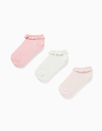 Lot de 3 socquettes avec dentelle et lurex pour fille, rose/blanc