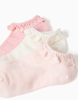 Lot de 3 socquettes avec dentelle et lurex pour fille, rose/blanc