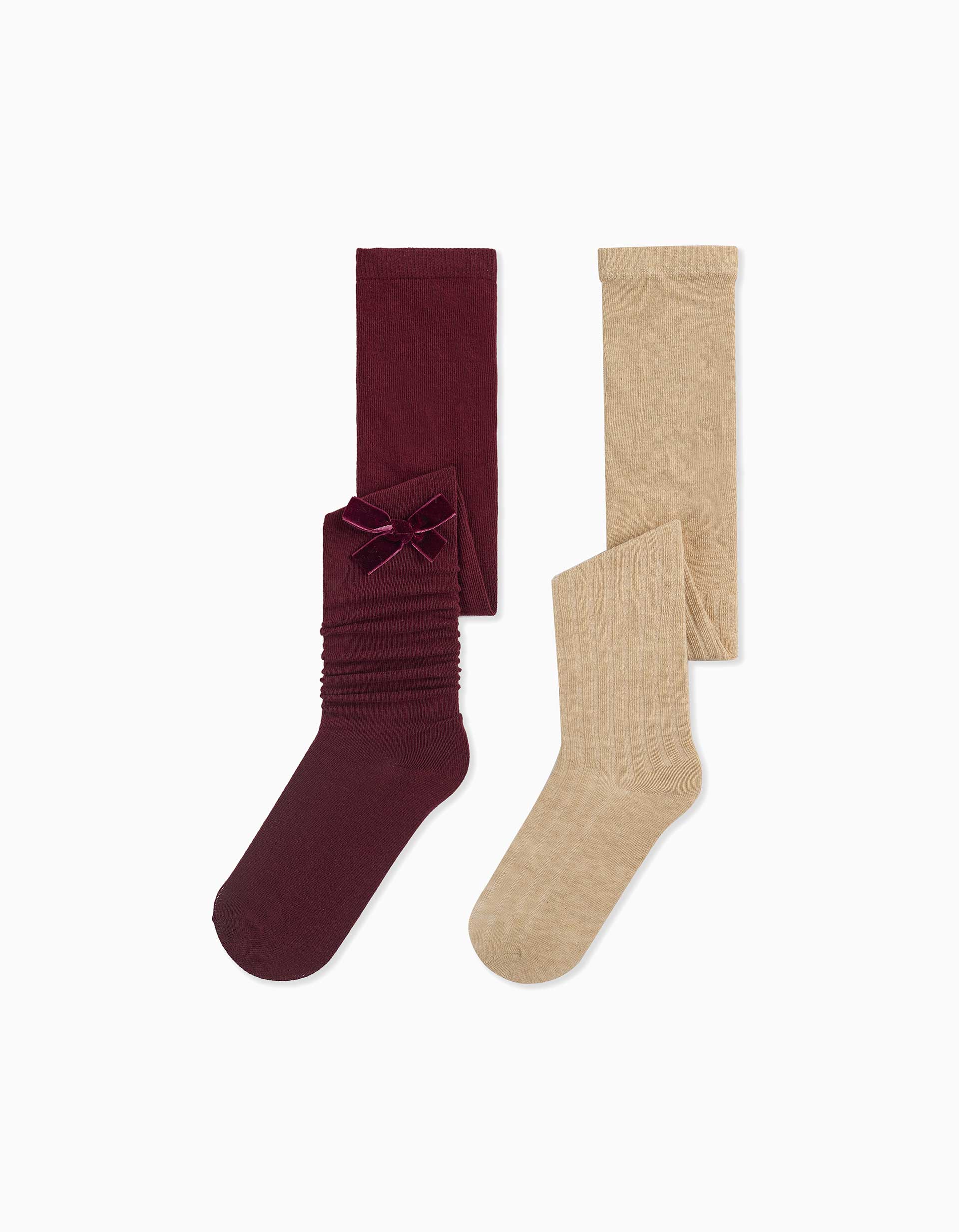 Pack de 2 calcetines acanalados/con lazo para niña, burdeos/beige