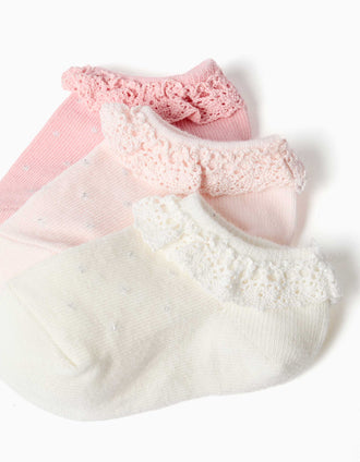 Pack of 3 pairs of ankle socks with ruffles for baby girls, pink/white