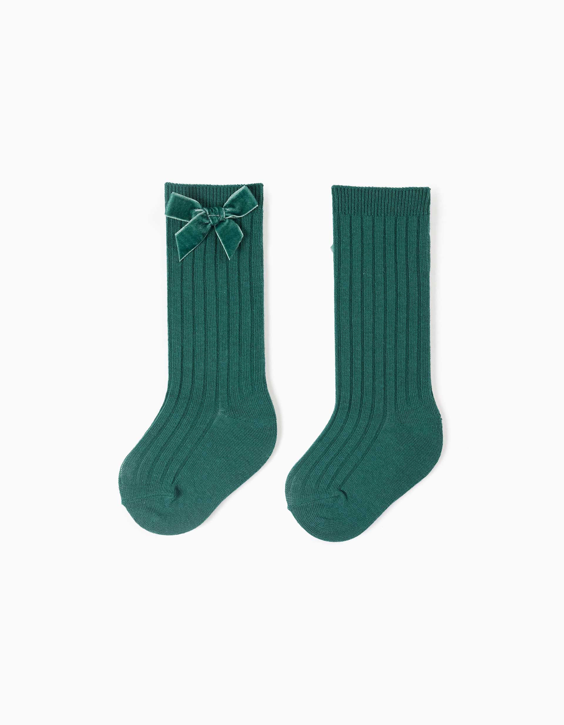 Ribbed knee-high socks with velvet bow for baby girls, dark green