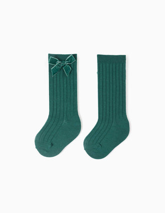 Ribbed knee-high socks with velvet bow for baby girls, dark green