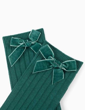 Ribbed knee-high socks with velvet bow for baby girls, dark green