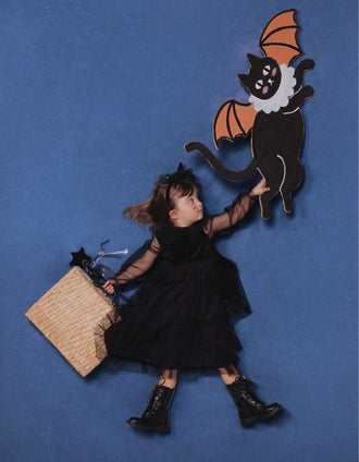 Vestido de manga comprida em veludo e tule para menina, preto
