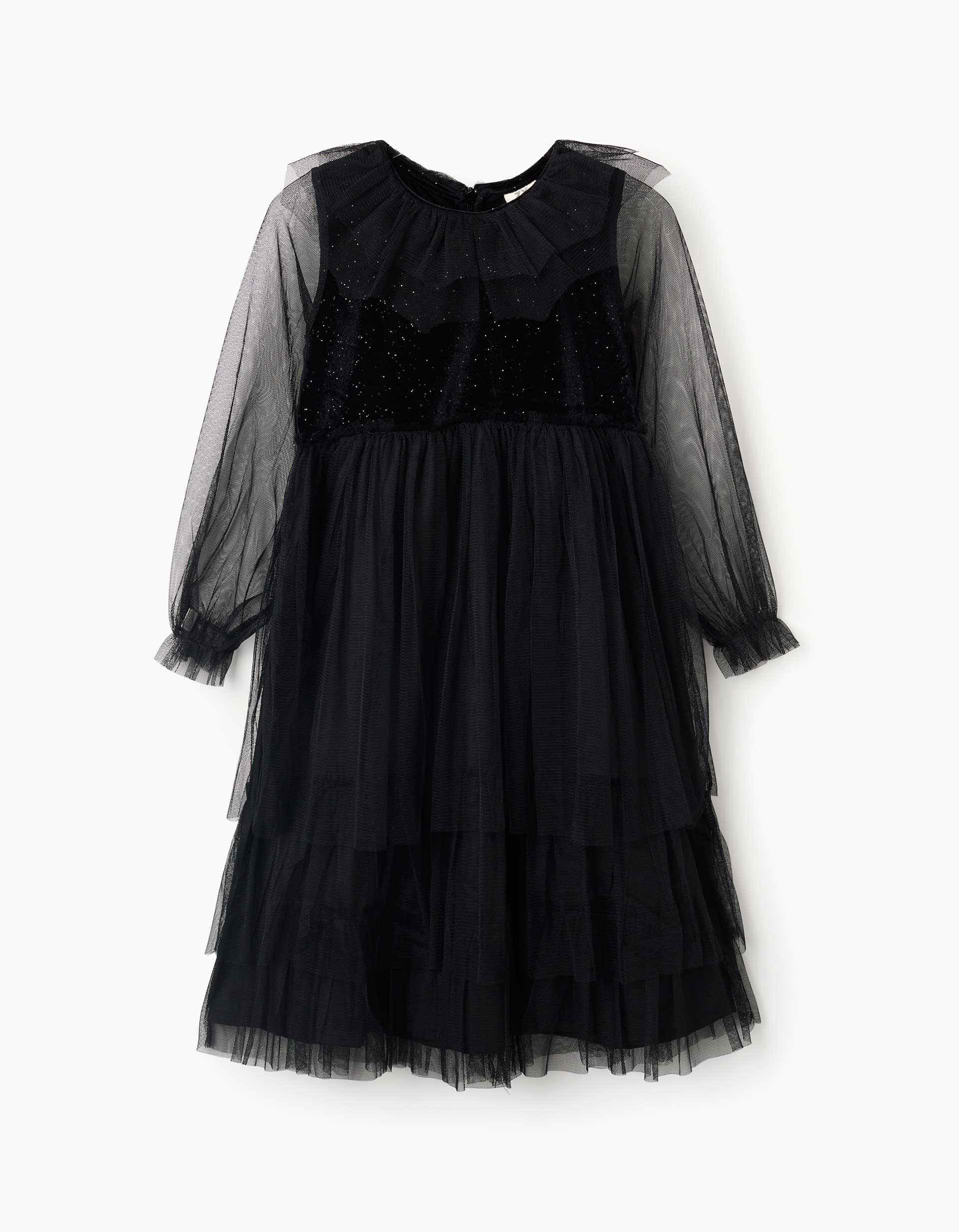 Long sleeve velvet and tulle dress with ruffles for girls, black