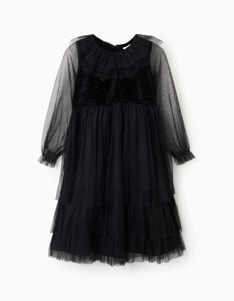 Vestido de manga comprida em veludo e tule para menina, preto