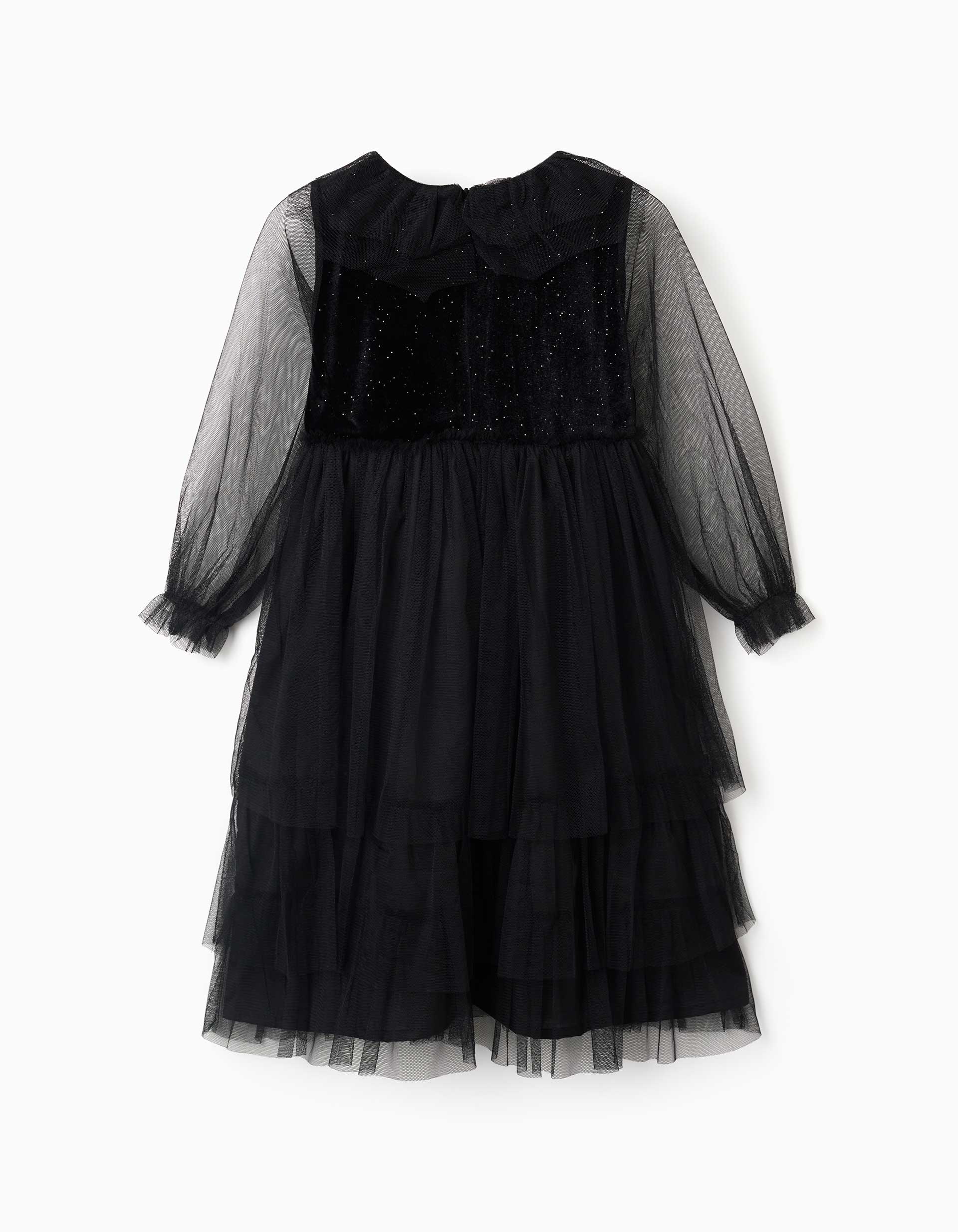 Long sleeve velvet and tulle dress with ruffles for girls, black