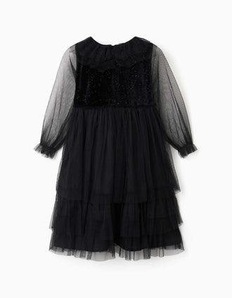 Vestido de manga comprida em veludo e tule para menina, preto