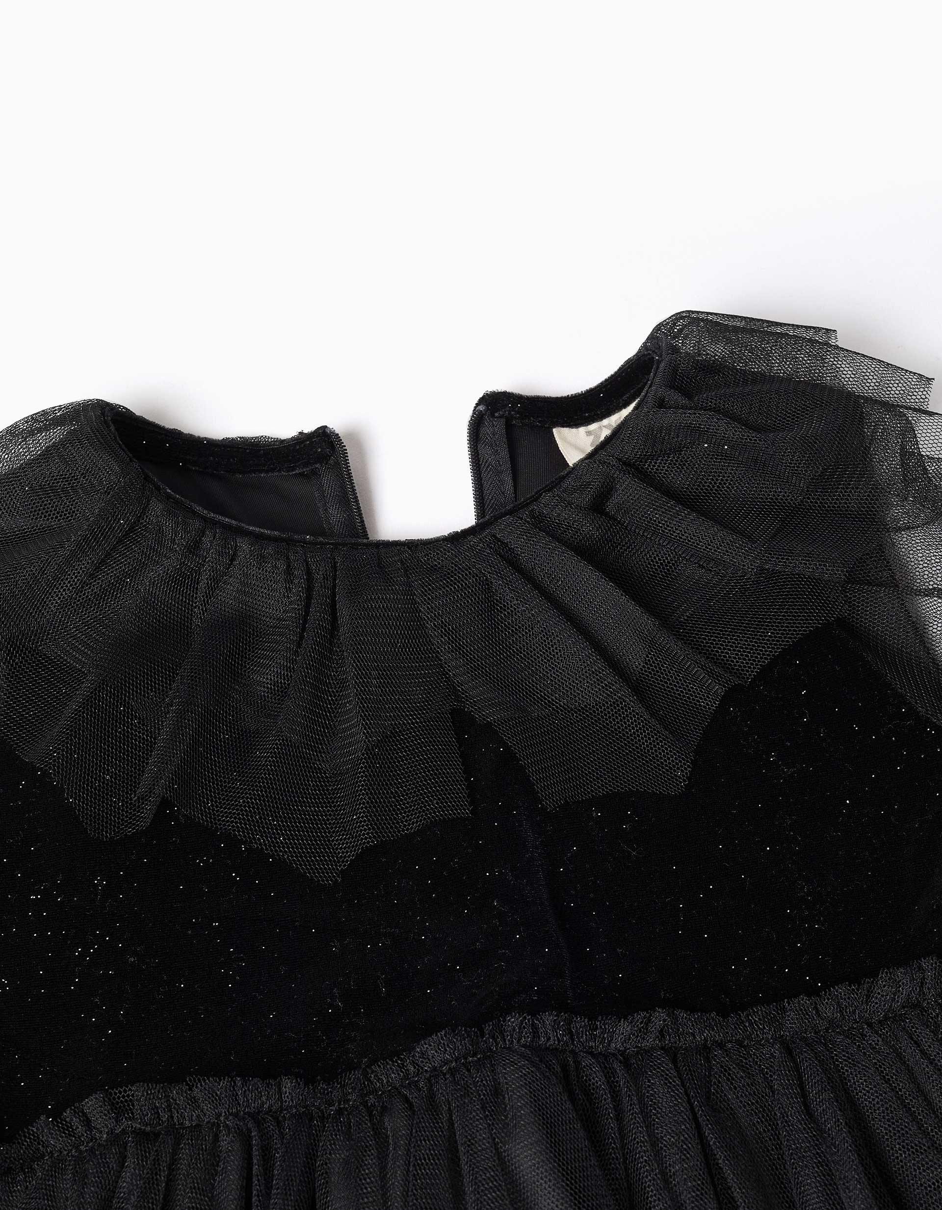 Long sleeve velvet and tulle dress with ruffles for girls, black
