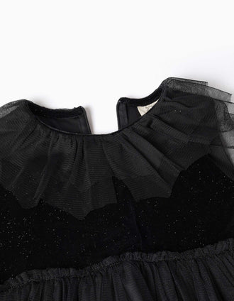 Vestido de manga comprida em veludo e tule para menina, preto