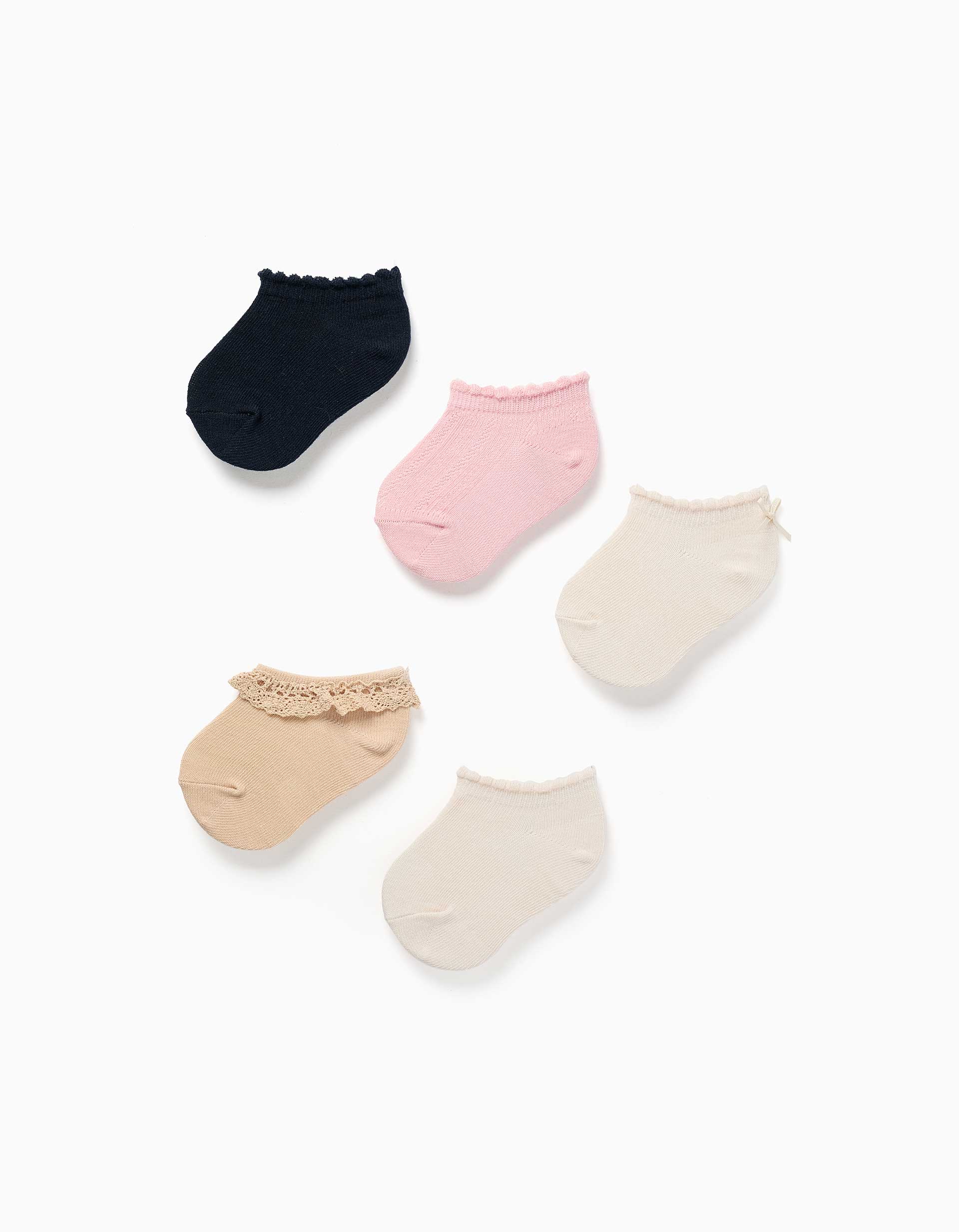 Pack of 5 pairs of mixed ankle socks for baby girls, multicolour