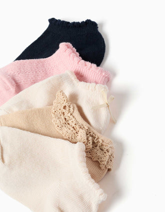 Pack of 5 pairs of mixed ankle socks for baby girls, multicolour
