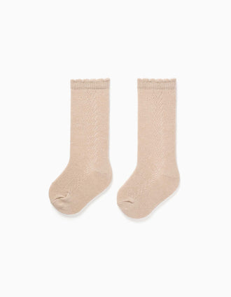 Knee-high socks in openwork knit for baby girls, light beige