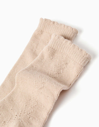 Knee-high socks in openwork knit for baby girls, light beige