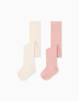 Pack de 2 leotardos lisos/de punto calado para bebé niña, rosa/blanco