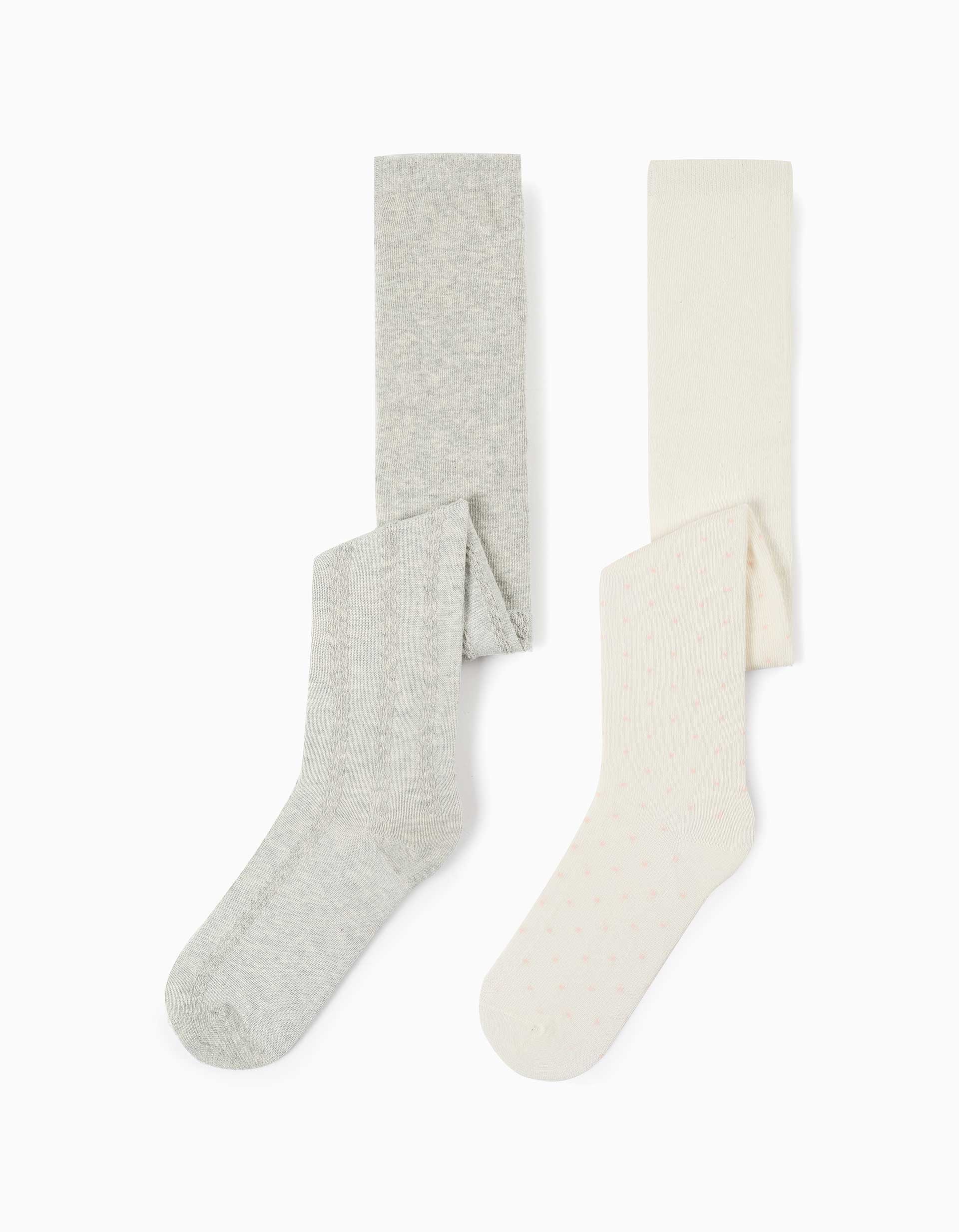 Pack of 2 tights with polka dots/cable knit for girls, white/grey
