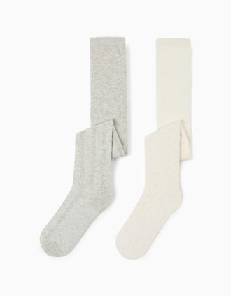 Pack of 2 tights with polka dots/cable knit for girls, white/grey