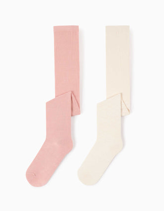 Pack of 2 plain/openwork knit tights for girls, pink/white