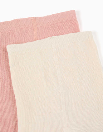 Pack of 2 plain/openwork knit tights for girls, pink/white
