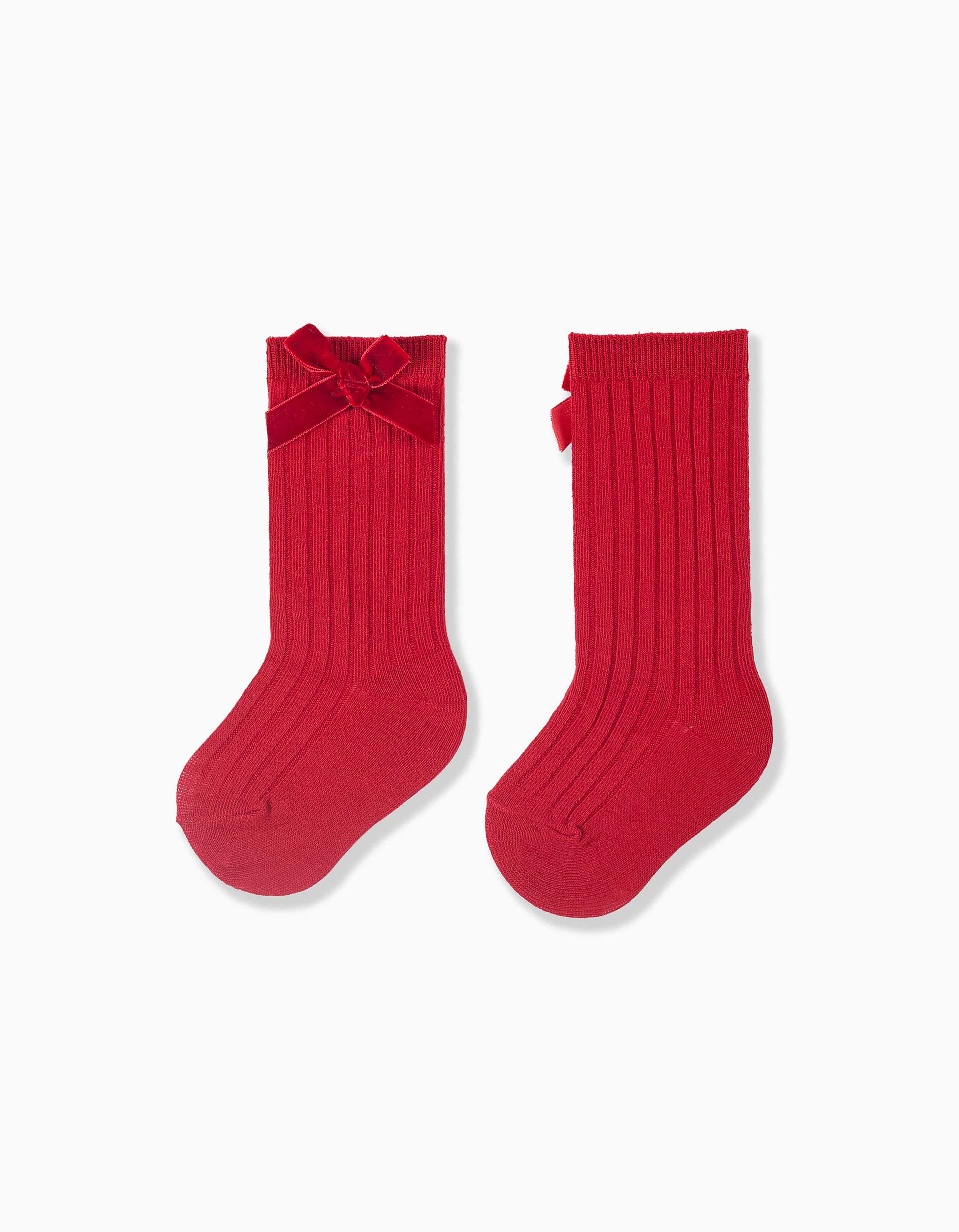 Meias altas caneladas com laço de veludo para bebé menina, vermelho