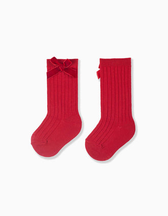 Meias altas caneladas com laço de veludo para bebé menina, vermelho