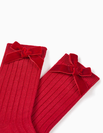 Meias altas caneladas com laço de veludo para bebé menina, vermelho