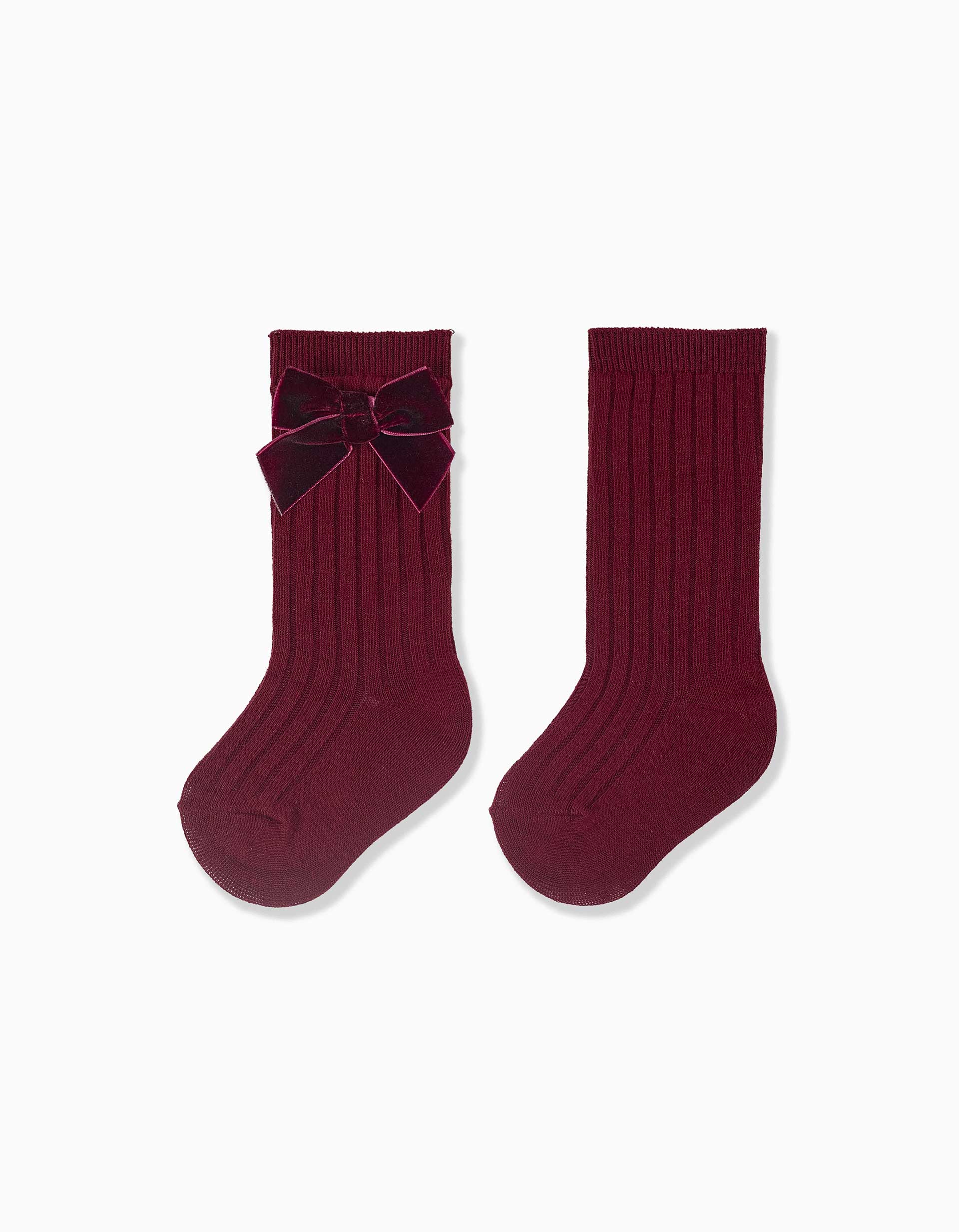 Ribbed knee-high socks with velvet bow for baby girls, burgundy
