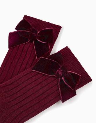Ribbed knee-high socks with velvet bow for baby girls, burgundy