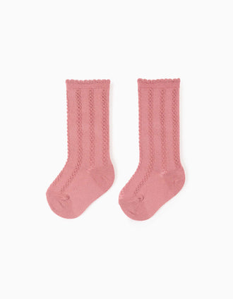 Calcetines altos con punto trenzado para bebé niña, rosa empolvado
