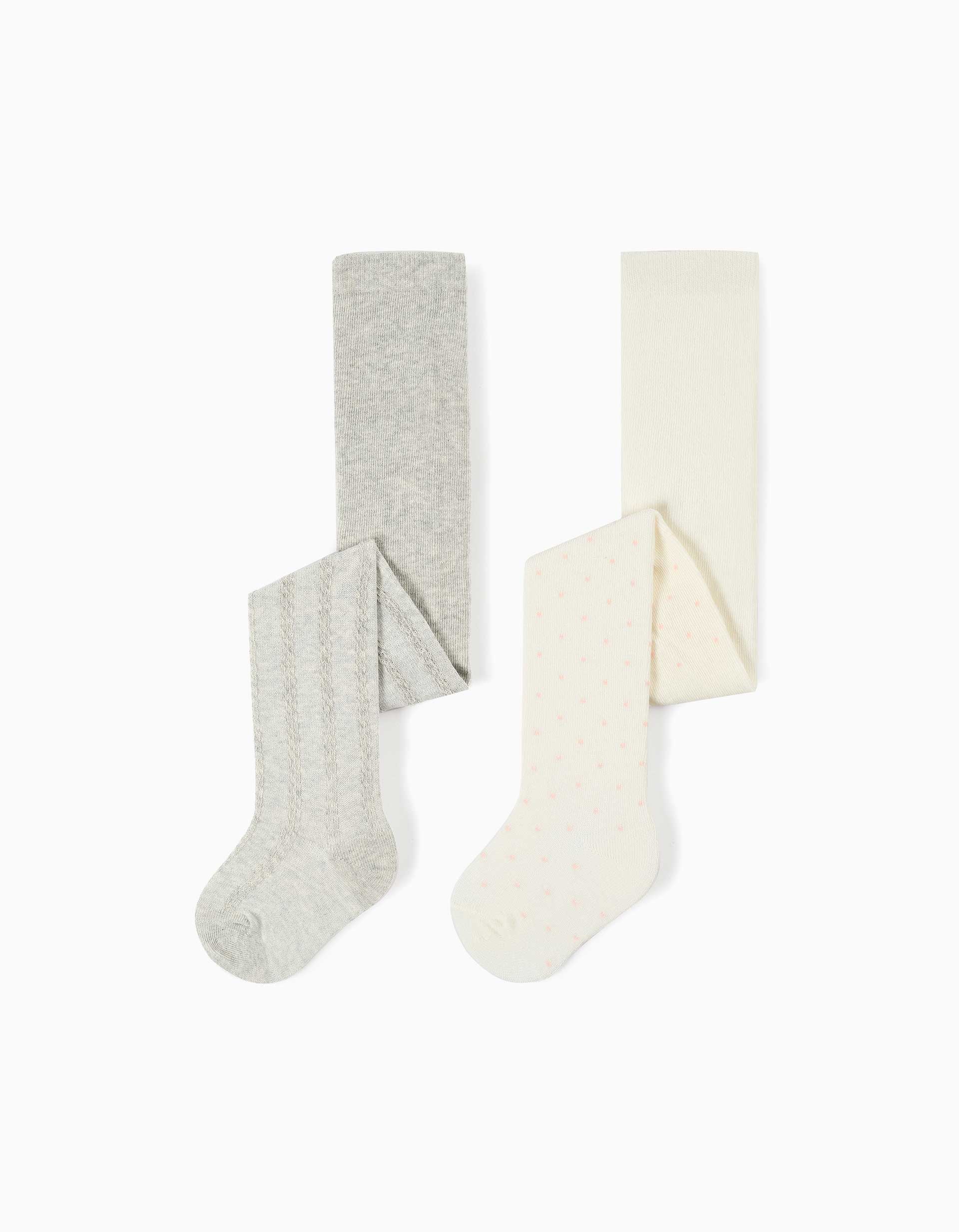 2 leotardos con lunares/punto trenzado para bebé niña, blanco/gris