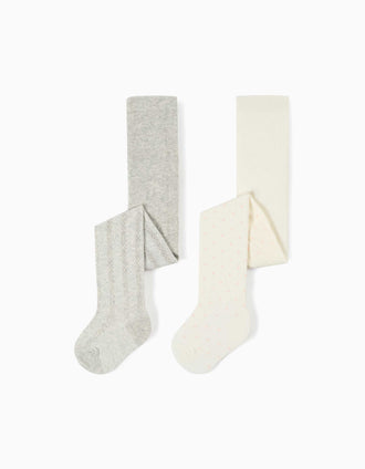 2 leotardos con lunares/punto trenzado para bebé niña, blanco/gris